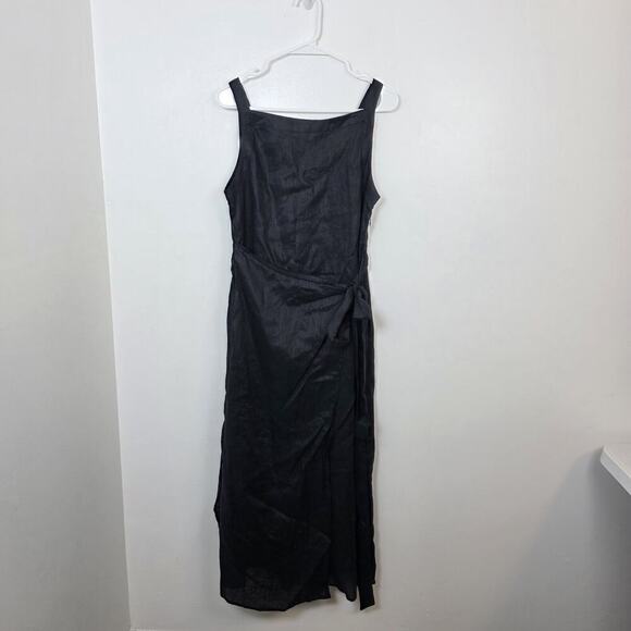 Hirsch & Timber Black 100% Linen Minimalist Wrap Front Midi Dress Size Small - Picture 1 of 8